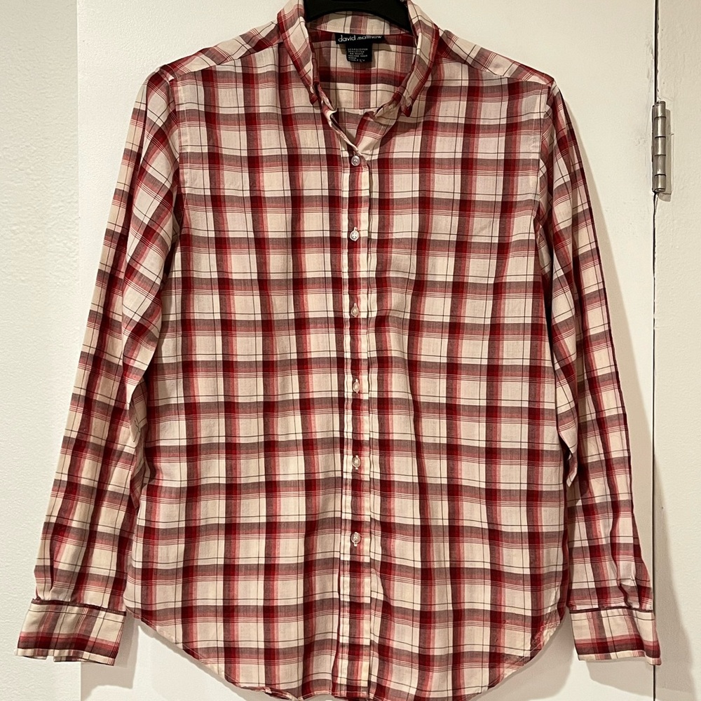 David Matthew Red White Plaid Button Down Blouse Size L